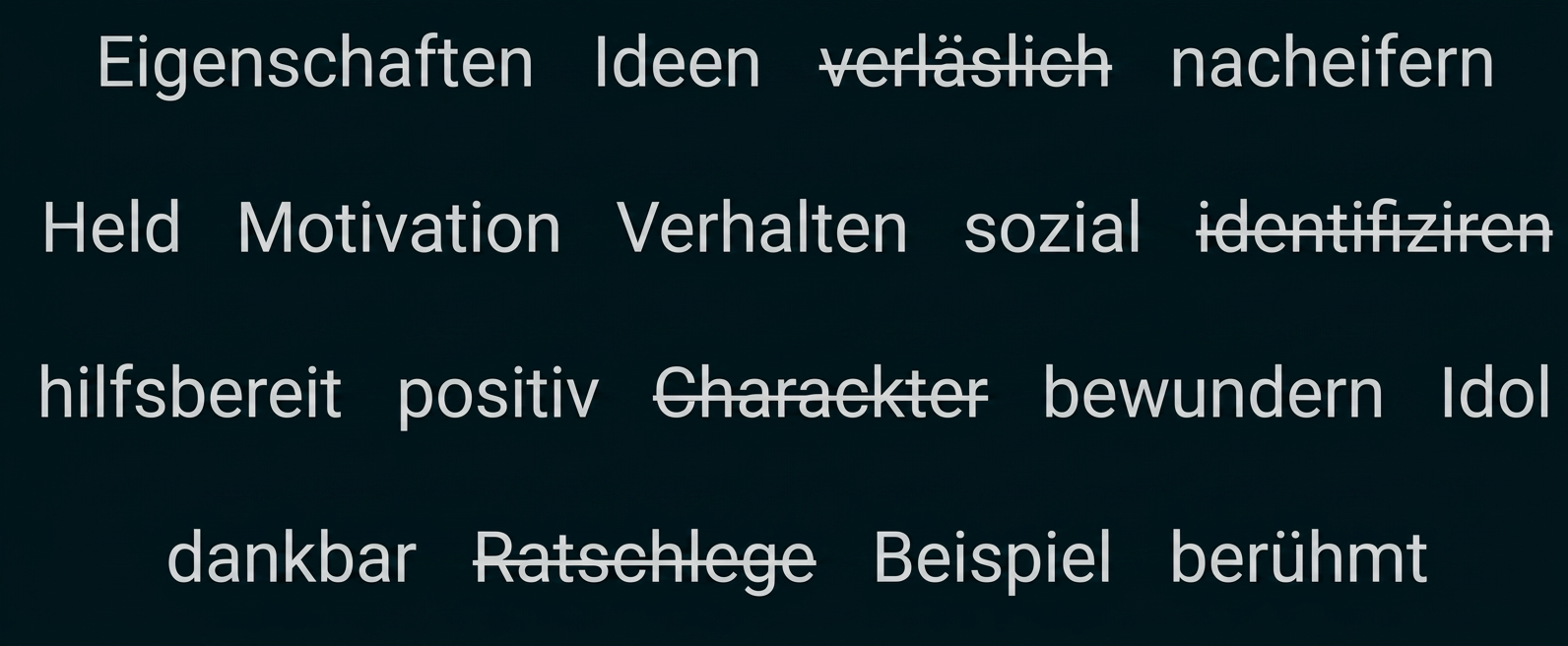 Wortwolke mit Begriffen zu Eigenschaften und Vorbildern, einige Wörter sind durchgestrichen.